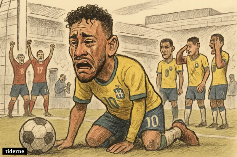 A tearful caricature of Neymar kneels on the pitch after defeat as Norway players celebrate and Brazil teammates stand stunned behind him.