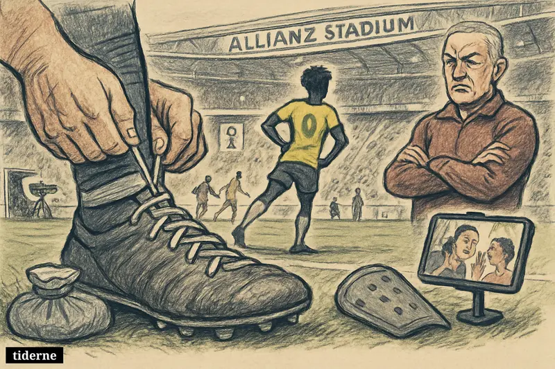 A football comeback scene in an Allianz stadium with a re-laced boot, warm-up players, a coach on the sideline, and a smartphone showing support.