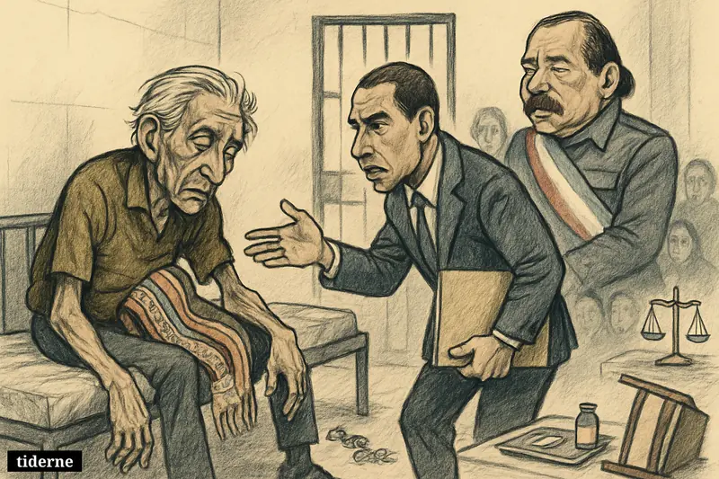 Brooklyn Rivera lies frail in detention as Albert Ramdin approaches and Daniel Ortega stands near a barred door with justice symbols nearby.