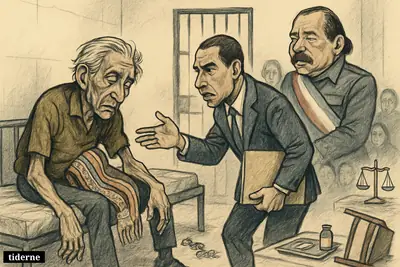 Brooklyn Rivera lies frail in detention as Albert Ramdin approaches and Daniel Ortega stands near a barred door with justice symbols nearby.