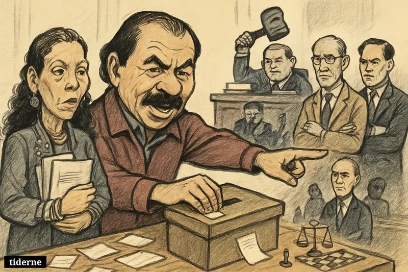 Caricature of Ortega shutting a ballot box in parliament as allies assist and critics watch while opposition figures are blocked out. (AI-genereret illustration)