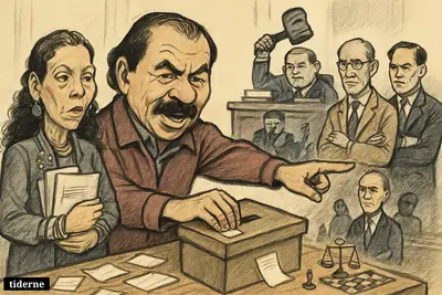 Caricature of Ortega shutting a ballot box in parliament as allies assist and critics watch while opposition figures are blocked out. (AI-genereret illustration)