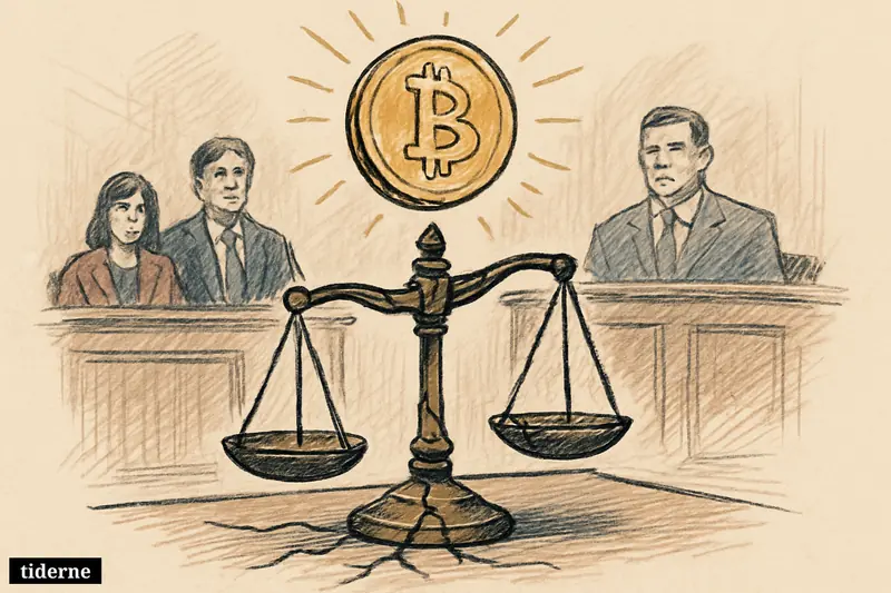 A luminous digital coin hovers above fractured balance scales against a black background with faint green and gold glow