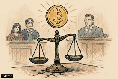 A luminous digital coin hovers above fractured balance scales against a black background with faint green and gold glow