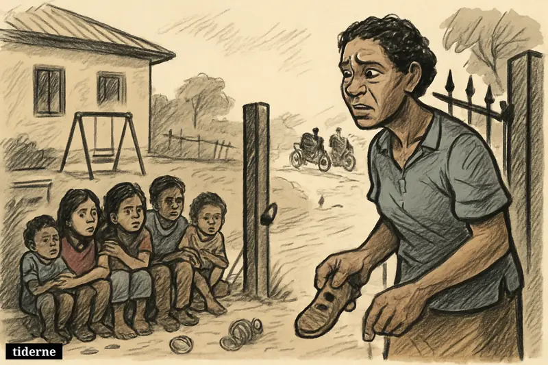 A distressed caregiver and rescued children stand outside an orphanage as armed kidnappers flee down a road, leaving toys and empty swings behind.