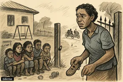 A distressed caregiver and rescued children stand outside an orphanage as armed kidnappers flee down a road, leaving toys and empty swings behind.