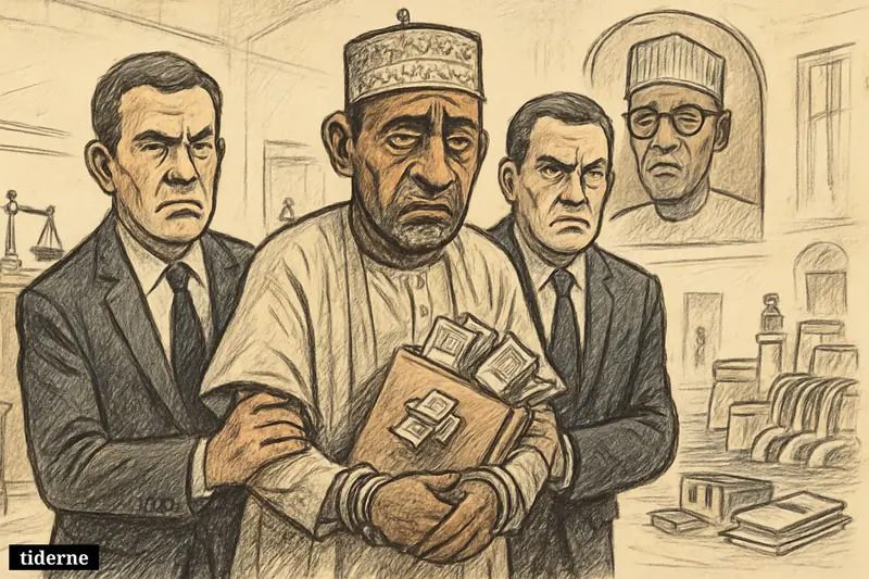 Saleh Mamman is led away by anti-corruption officers, with court symbols, cash, and hydroelectric dam elements around him.