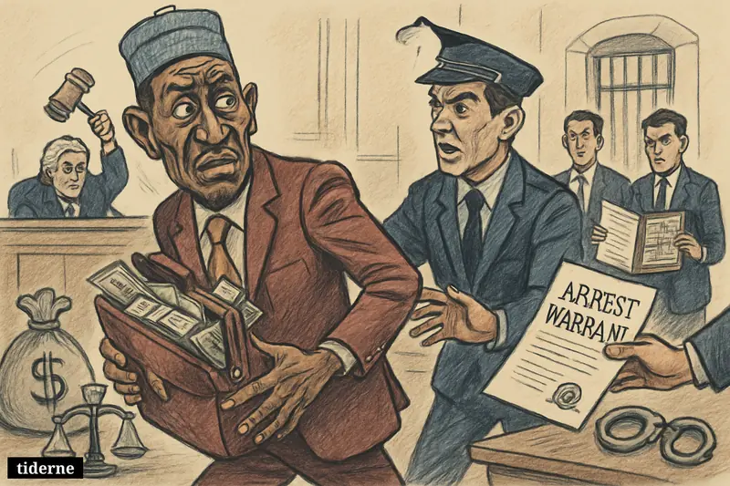 Caricature of Saleh Mamman in a courtroom, pursued by officers as a judge and investigators surround him with cash, evidence, and prison symbols.