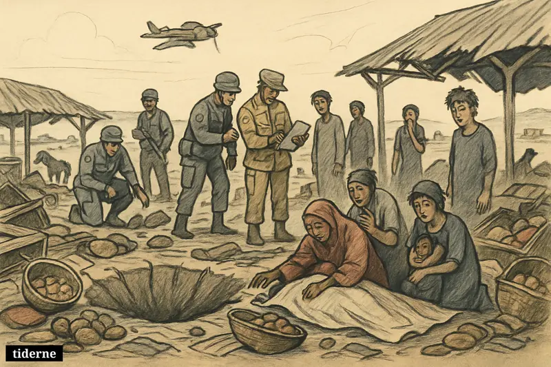 A devastated market crater, grieving civilians, and military investigators examining debris while an aircraft circles above in northern Nigeria.