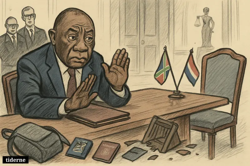 Caricature of Cyril Ramaphosa in a tense diplomatic meeting room, facing an empty envoy chair amid symbols of xenophobic attacks and state conflict.