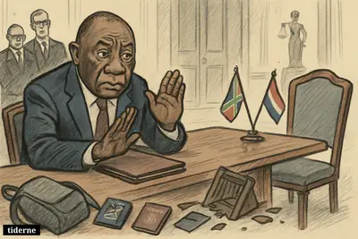 Caricature of Cyril Ramaphosa in a tense diplomatic meeting room, facing an empty envoy chair amid symbols of xenophobic attacks and state conflict.