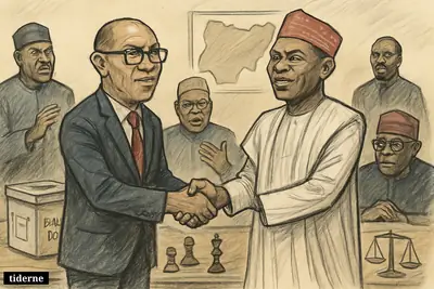 Peter Obi and Rabiu Kwankwaso join hands at center while rival Nigerian political figures watch in a tense election strategy hall.