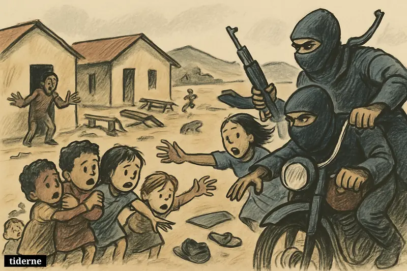 Armed kidnappers on motorcycles seize terrified young children outside village schools as teachers panic in a rural Nigerian setting.