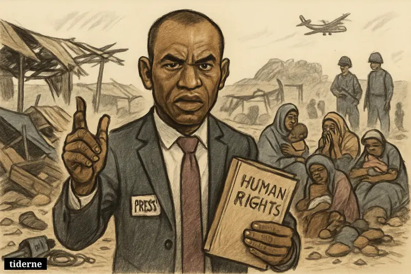 Isa Sanusi stands grimly in a bombed Nigerian market as civilians mourn among wrecked stalls, with distant soldiers and faint aircraft behind.