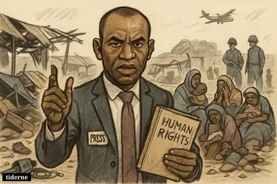 Isa Sanusi stands grimly in a bombed Nigerian market as civilians mourn among wrecked stalls, with distant soldiers and faint aircraft behind.