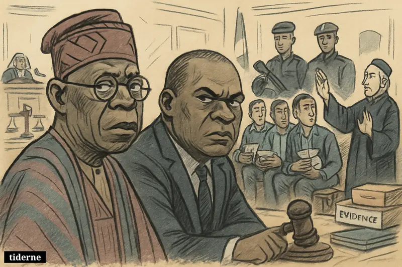 Caricature courtroom scene with Bola Tinubu, Timipre Sylva, civilian suspects, cash, soldiers, and religious figure in a tense Abuja coup trial.