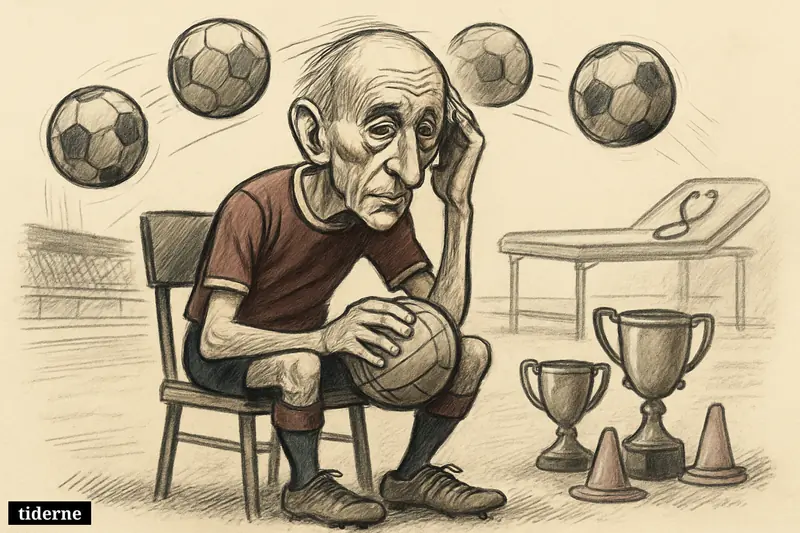 An elderly footballer sits holding a ball as several footballs hang midair around his head, with trophies and medical hints behind him. (AI-genereret illustration)