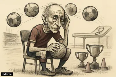 An elderly footballer sits holding a ball as several footballs hang midair around his head, with trophies and medical hints behind him. (AI-genereret illustration)