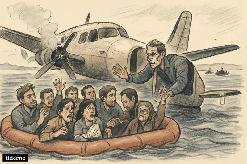 A small passenger plane floats in the Atlantic beside a life raft packed with survivors as rescue boats approach from afar.
