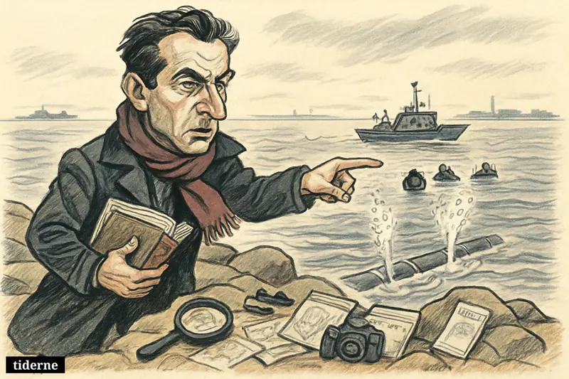 Caricature of journalist Bojan Pancevski on a Baltic shore, pointing toward ruptured undersea gas pipes amid an active sabotage investigation scene.