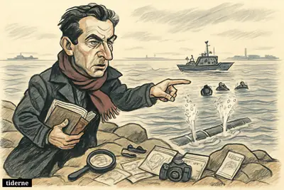 Caricature of journalist Bojan Pancevski on a Baltic shore, pointing toward ruptured undersea gas pipes amid an active sabotage investigation scene.