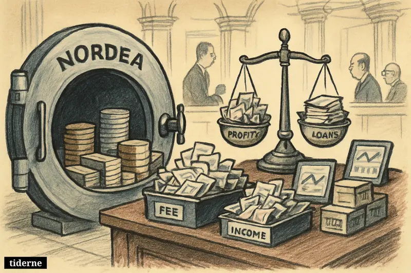 A caricature bank hall with an open vault, overflowing profit trays, a smaller interest tray, fee counter props, and balanced scales of strong results.