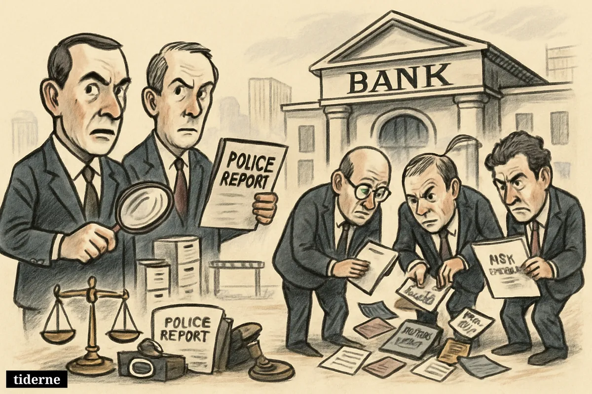Caricature of a bank under investigation, with inspectors, worried executives, scattered credit cards, and legal symbols outside a financial branch.