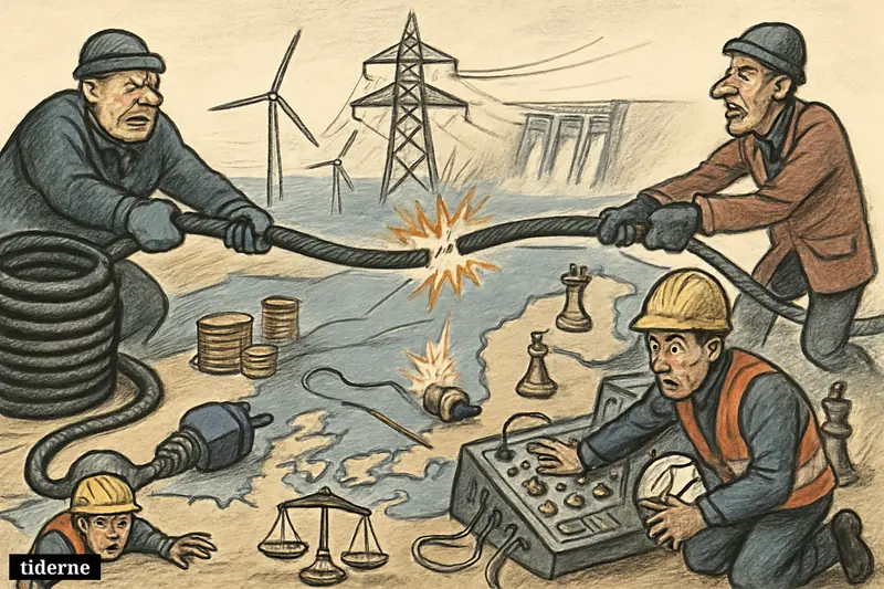 A caricature scene of Nordic power cables stretched across Scandinavia, with grid workers, pylons, coins, and balancing equipment showing tension over electricity prices.