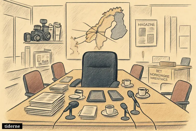 A newsroom boardroom caricature with one dominant editor’s chair receiving materials from three Nordic directions around a Scandinavia map.