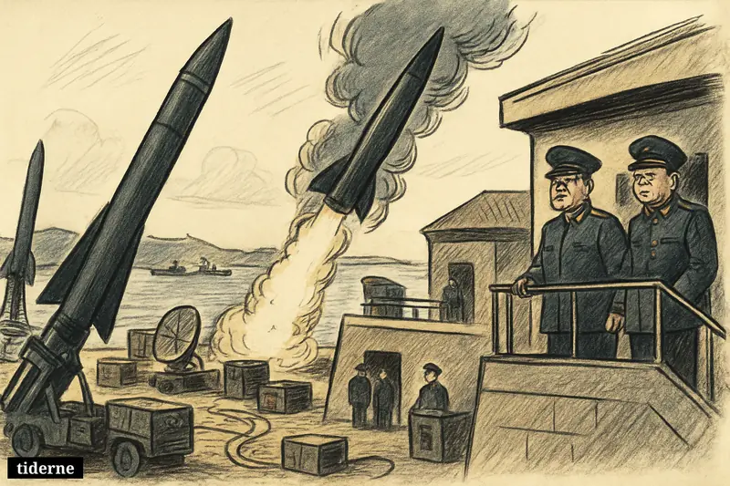 Caricature scene of North Korean missiles launching from a coastal base toward the sea, with officers, radar equipment, and tense military surroundings.