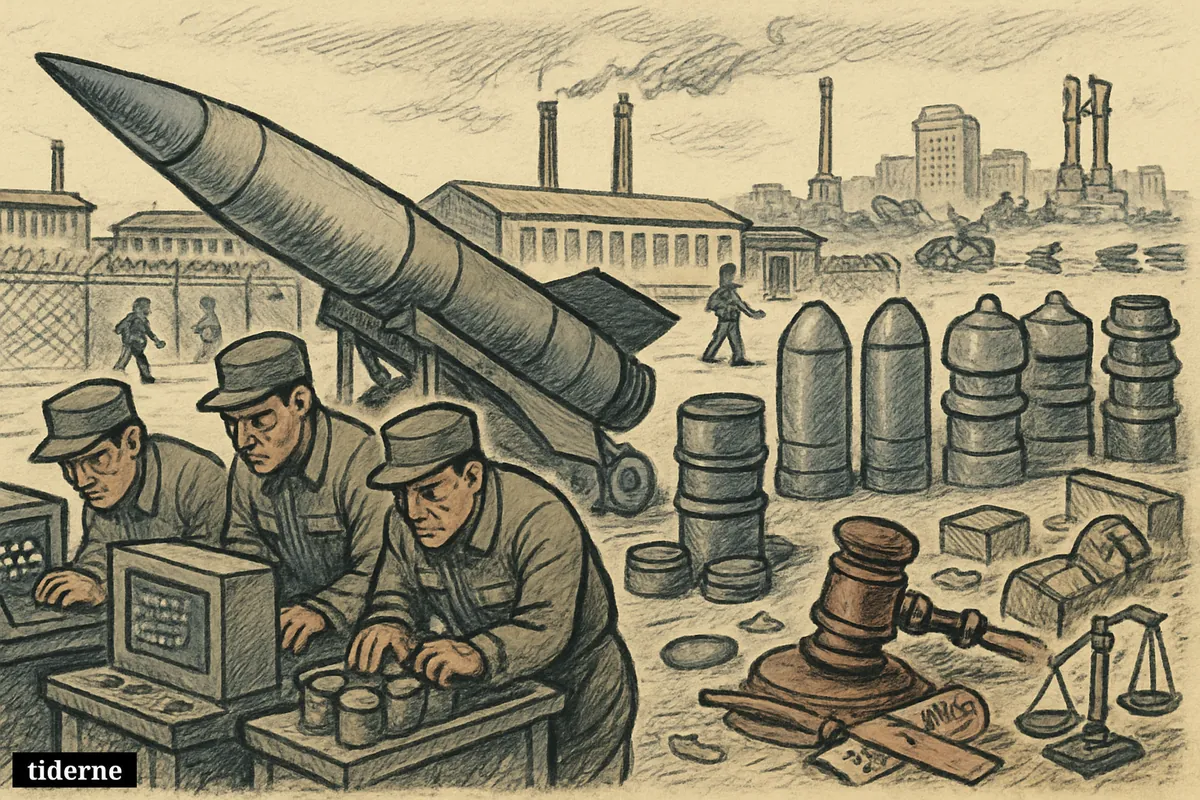 Missile and nuclear-production equipment dominate a guarded North Korean industrial complex while ignored sanction and inspection symbols sit among factory machinery.
