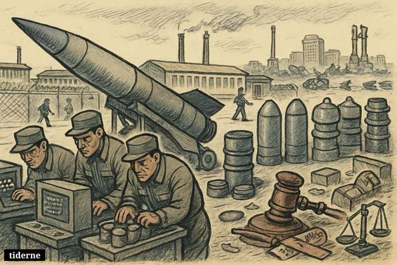 Missile and nuclear-production equipment dominate a guarded North Korean industrial complex while ignored sanction and inspection symbols sit among factory machinery.