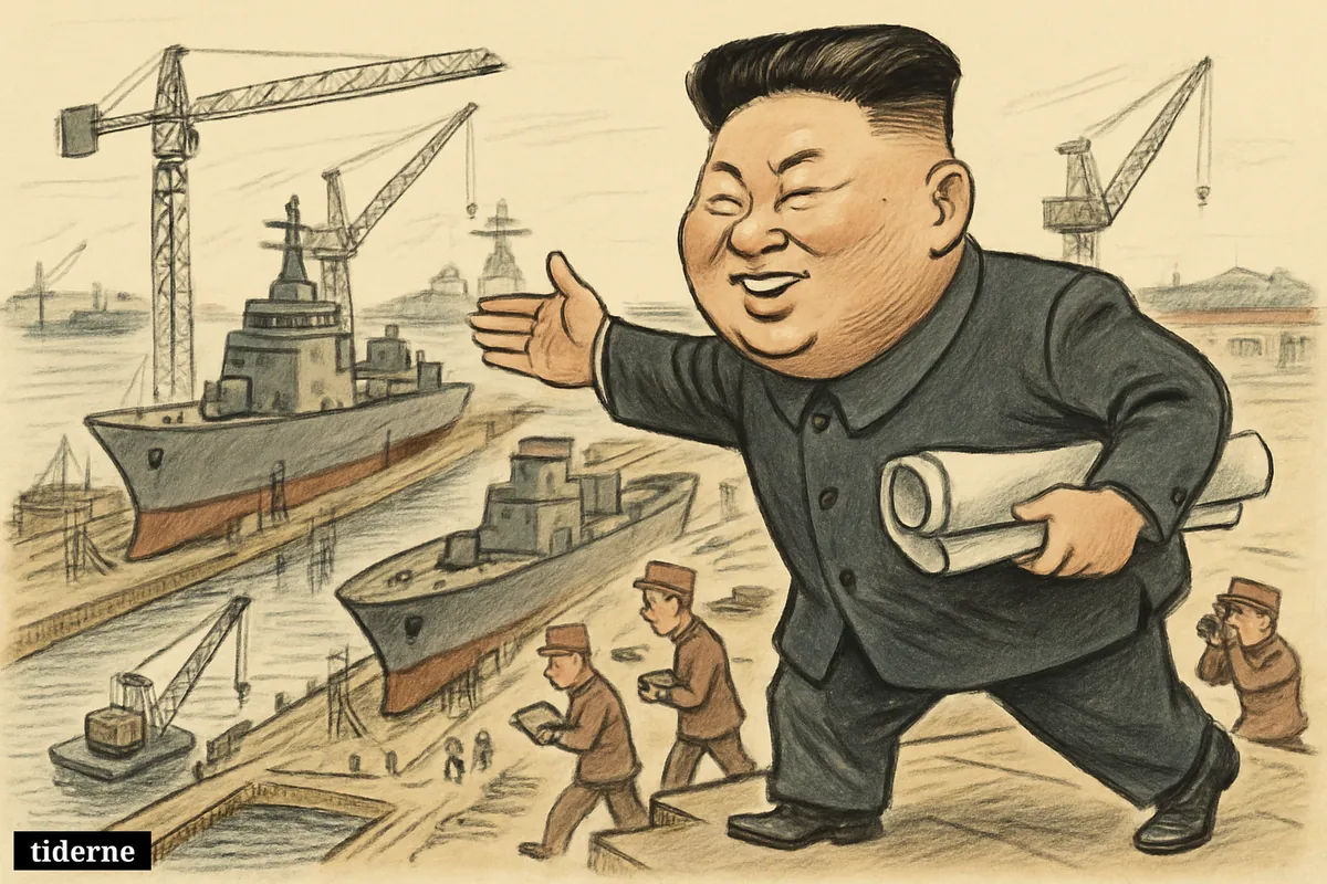 Kim Jong Un caricature stands on a dock directing an expanded shipyard where two large warships are being built.