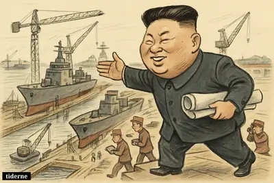 Kim Jong Un caricature stands on a dock directing an expanded shipyard where two large warships are being built.
