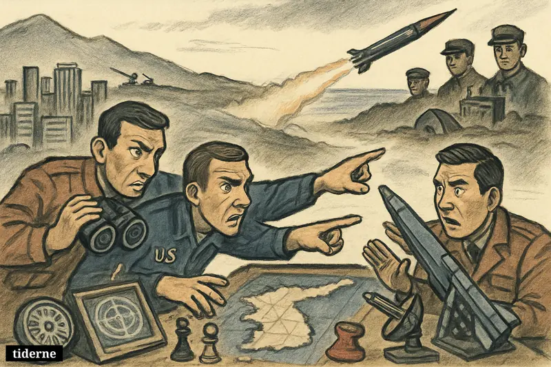 Military officers in Seoul react around a command table as a missile launches from North Korea, with defenses and strategic props around them.