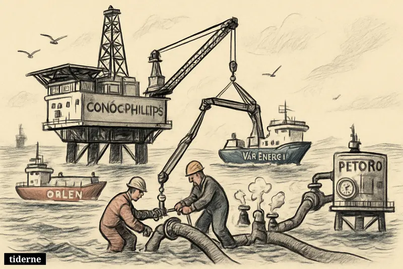 An offshore gas platform reconnects three North Sea fields, with company-linked vessels and pipelines sending gas toward Europe.