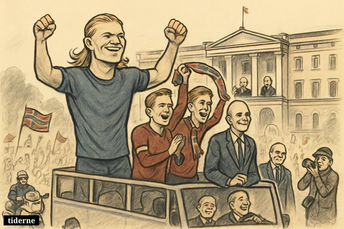 Norway’s football heroes wave from an open-top bus as King Harald and Crown Prince Haakon greet them before a huge Oslo crowd. (AI-genereret illustration)
