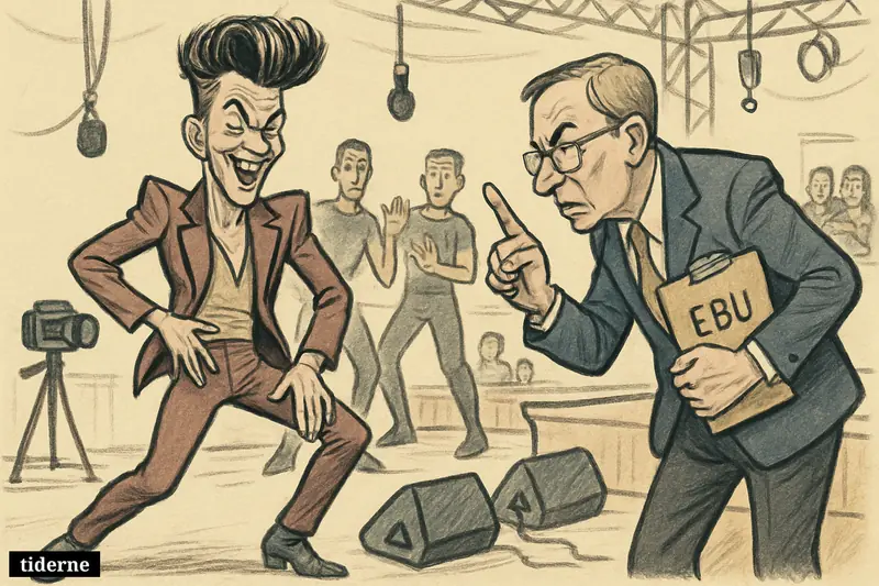 A pop singer on a rehearsal stage abruptly tones down a dance move as a stern event official warns him nearby.