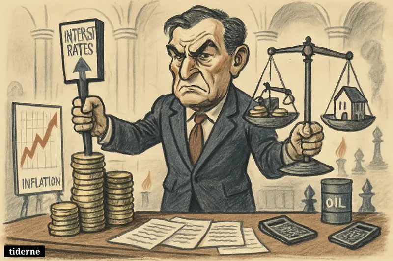 A stern central banker caricature raises a rate lever as scales, coins, energy symbols, and war hints surround him in a bank chamber.