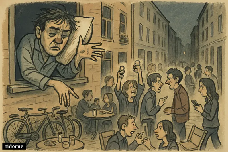 A tired resident leans from a window above a noisy late-night Nørrebro street crowded with outdoor bar guests and sidewalk activity.