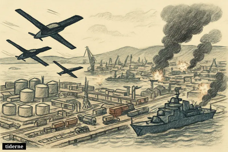 Attack drones strike a crowded Black Sea military-commercial port with warships, cranes, fuel tanks, rail lines, and smoke rising from impacts.