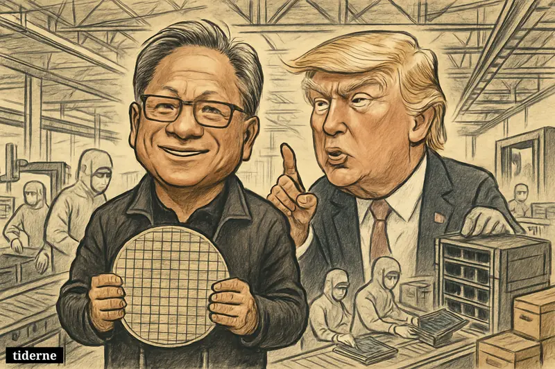 Jensen Huang and Donald Trump as caricatures in a Texas chip factory, surrounded by AI chip assembly lines, robots, and server hardware. (AI-genereret illustration)
