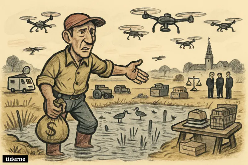 A caricature farmer stands by flooded wetlands with drones overhead, while subtle media, retail, and fast-food props sit around the countryside.