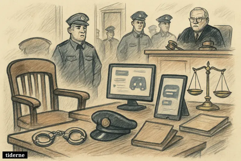 A courtroom scene with police, an empty defendant chair, handcuffs, legal symbols, and digital chat devices suggesting an online grooming investigation.