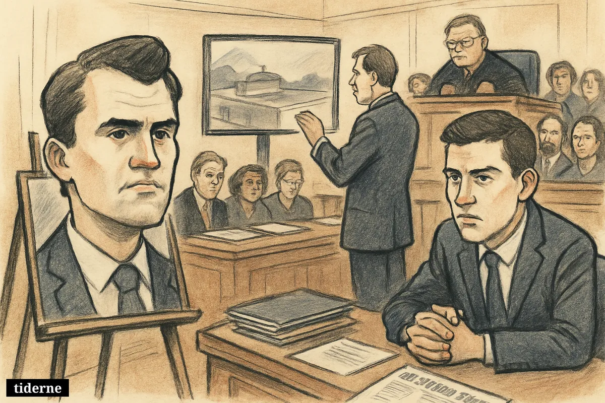 Courtroom caricature with Tyler Robinson at the defense table, Charlie Kirk shown in a memorial portrait, and prosecutors presenting surveillance video. (AI-genereret illustration)
