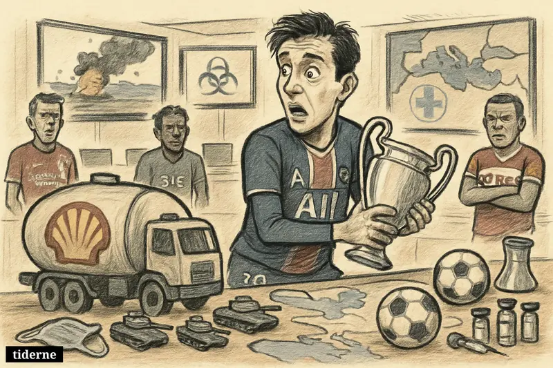 A shell tanker, PSG player with trophy, rival footballers, and war-room props depict conflict, sport turmoil, and an Ebola outbreak.