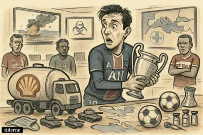 A shell tanker, PSG player with trophy, rival footballers, and war-room props depict conflict, sport turmoil, and an Ebola outbreak.