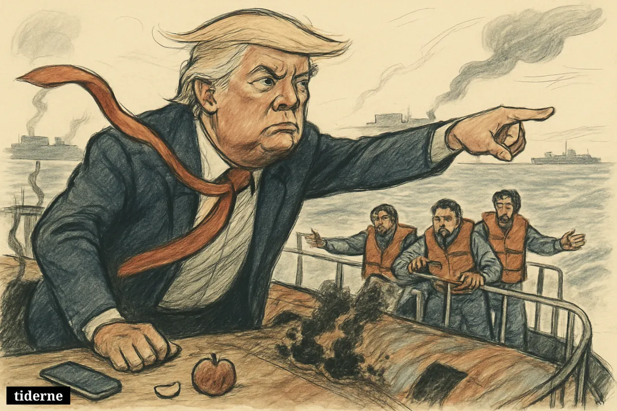 Trump points angrily from a damaged tanker deck while three distressed Indian sailors cling nearby and military tension looms across the strait.