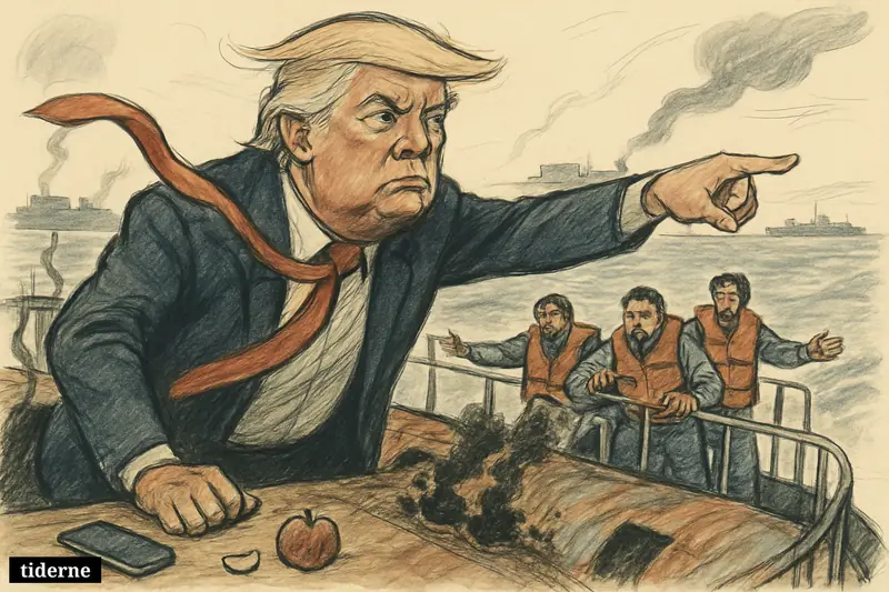 Trump points angrily from a damaged tanker deck while three distressed Indian sailors cling nearby and military tension looms across the strait.