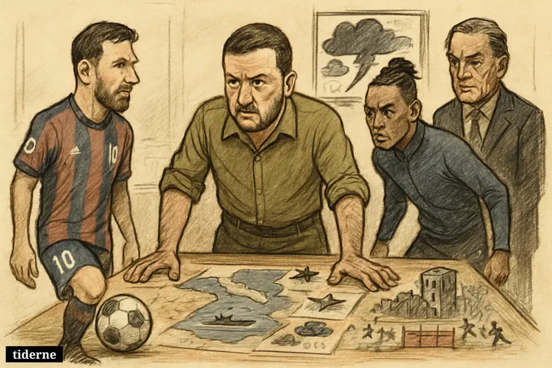 Caricature of Zelenskyj, Messi, Olise, and Florentino Pérez gathered around a crisis table with war, weather, shipping, and football elements.